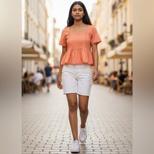 Midnight Sky Peach Peplum Eyelet Top Square neck Embroidered trim size Medium